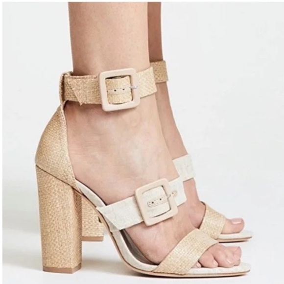 SCHUTZ Sarah Raffia Woven Block Heel buckle strap 9.5 neutral - Picture 1 of 8